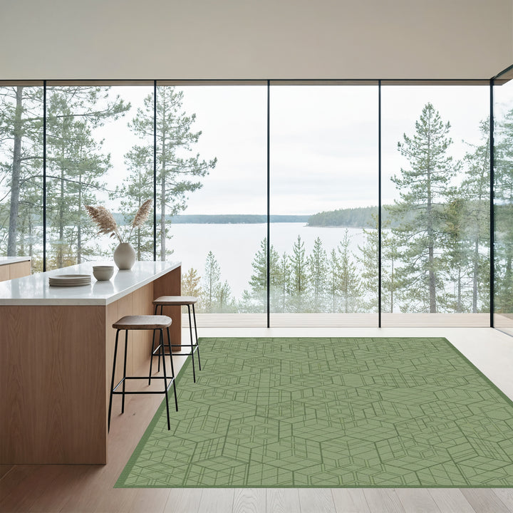 Muted Green Geometric Cube Tessellation Rug