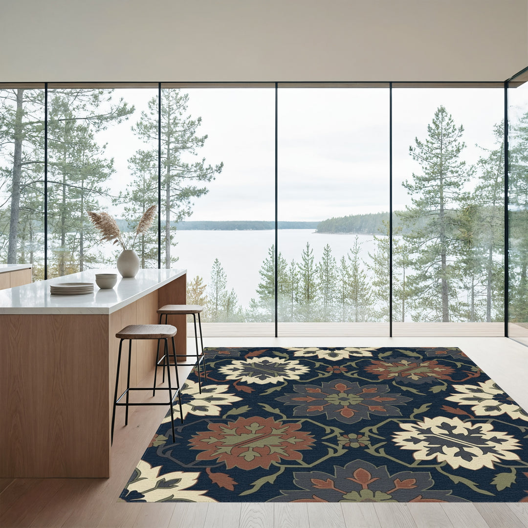 Deep Navy Red Floral Medallion Rug