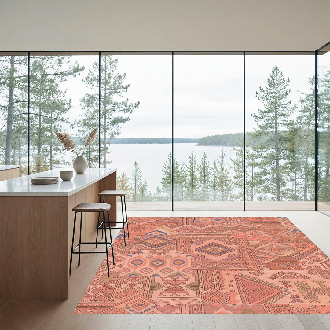 Peachy Coral Patchwork Geometric Medallion Rug