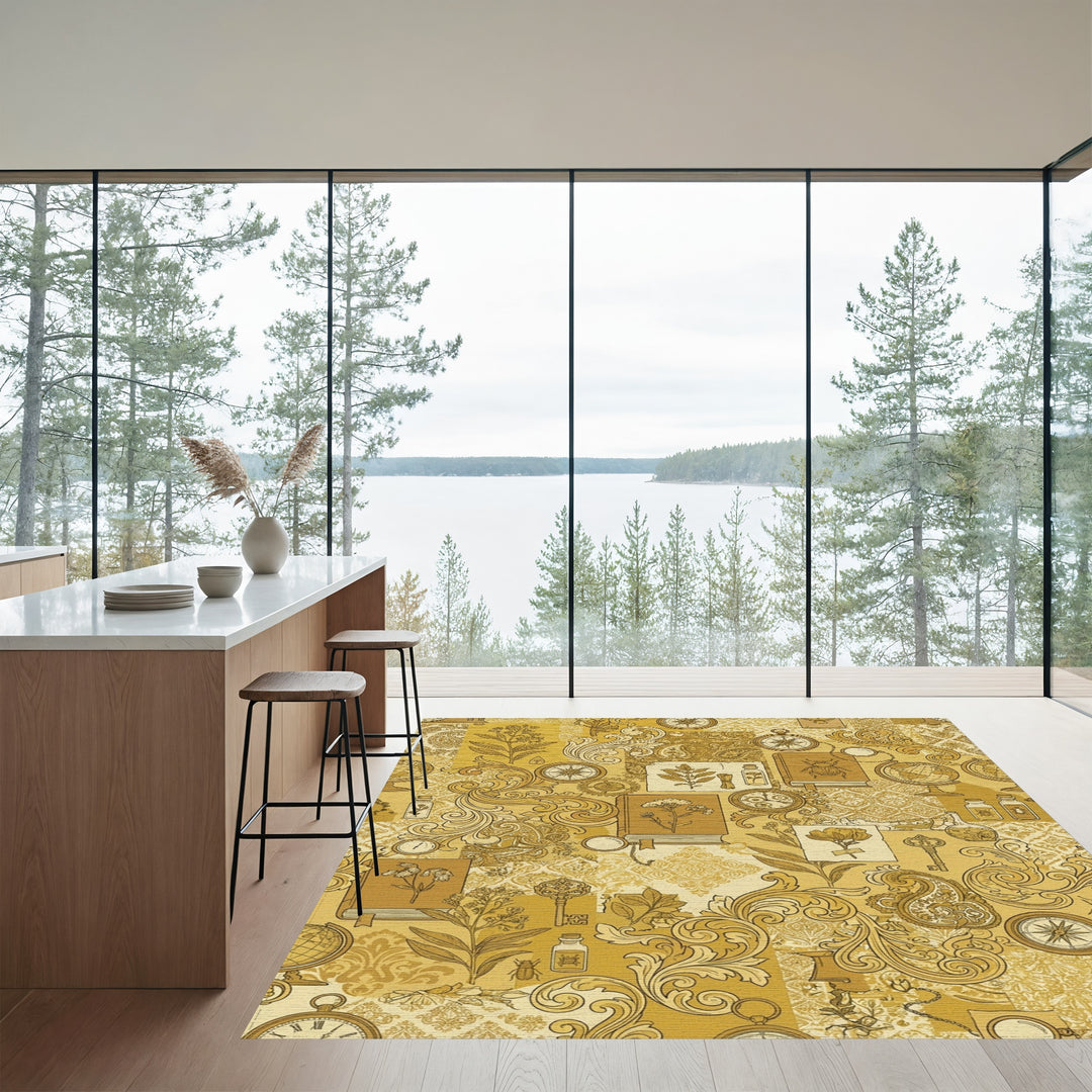 Vintage Golden Botanical Science Collage Rug