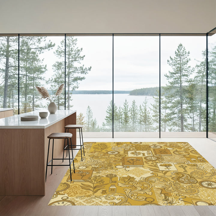 Vintage Golden Botanical Science Collage Rug