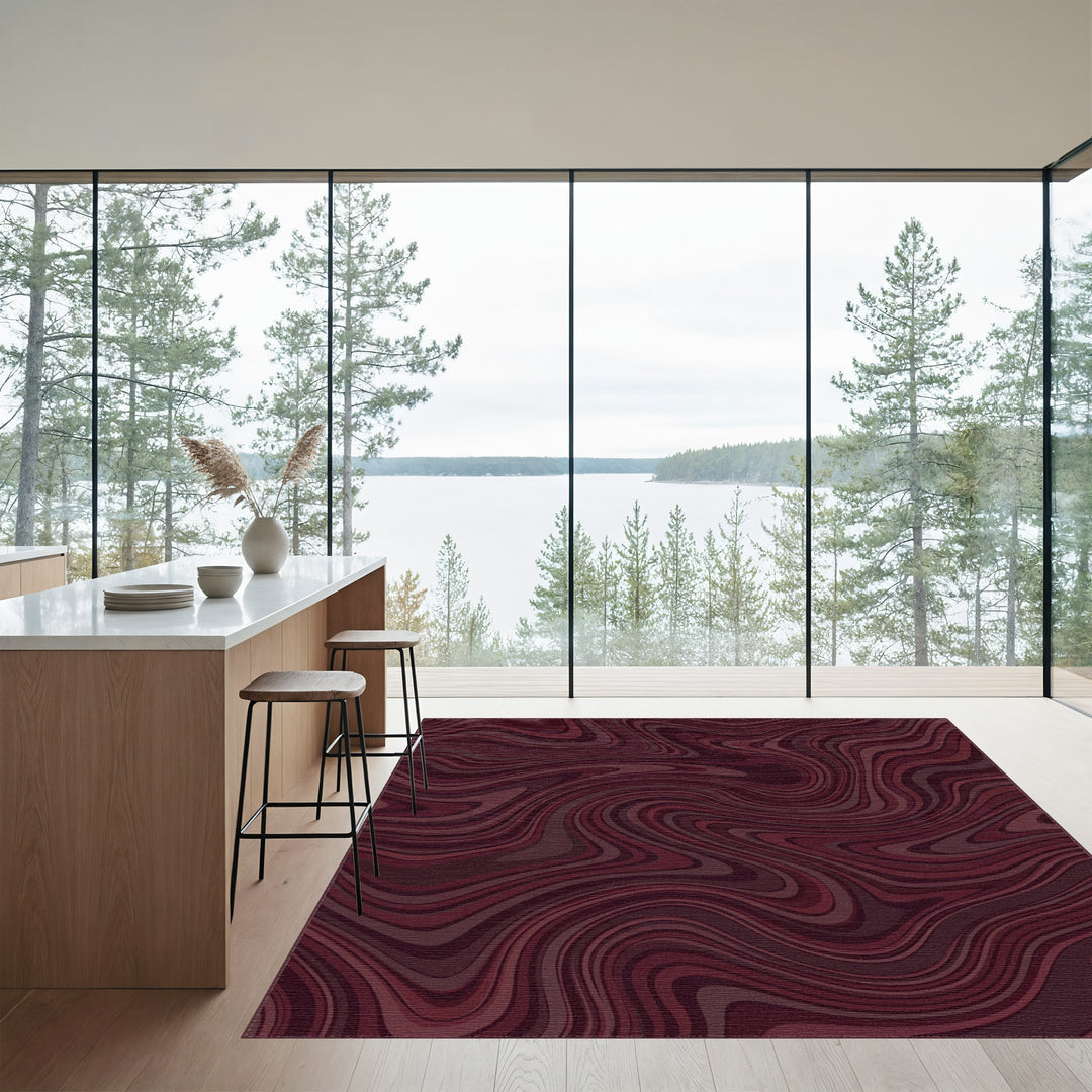 Deep Burgundy Swirl Abstract Lines Rug