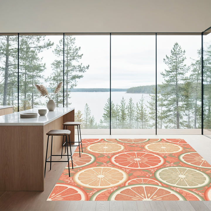 Coral Citrus Slice Botanical Arrangement Rug