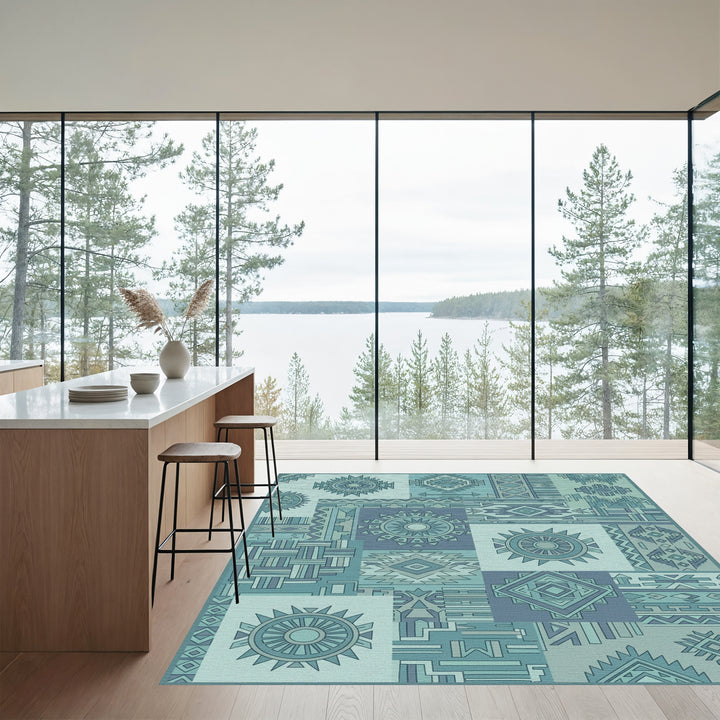 Teal Patchwork Geometric Medallion Rug