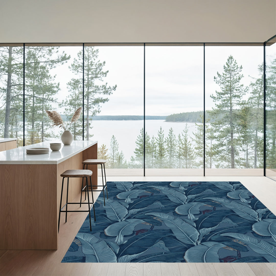 Deep Blue Banana Leaf Botanical Rug