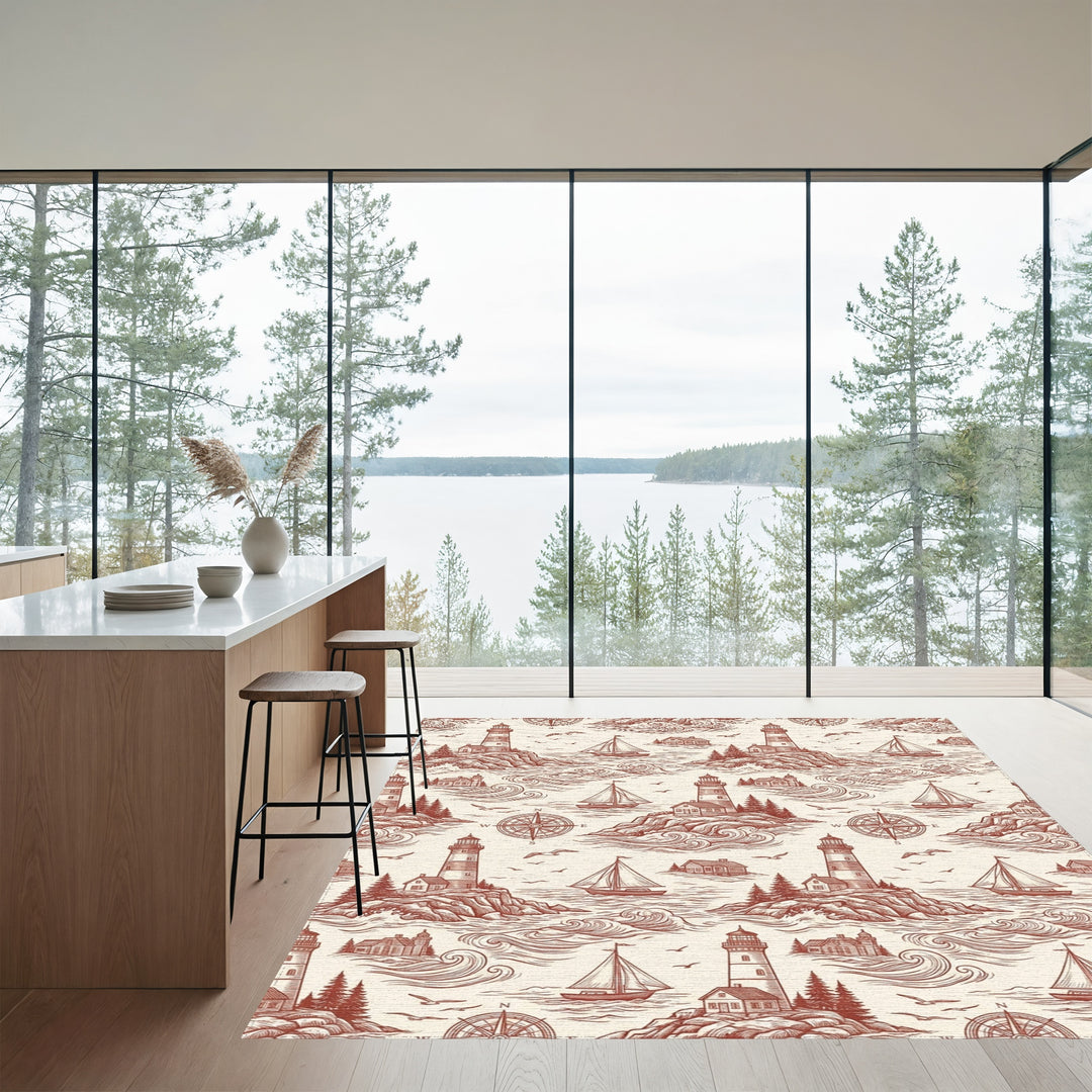 Nautical Red Lighthouse Sailboat Seascape Rug