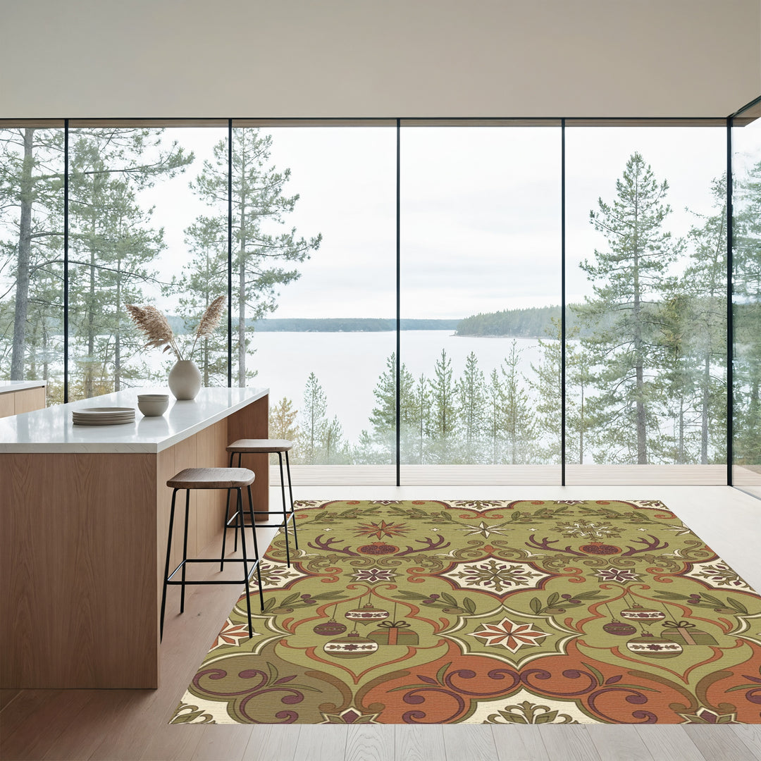 Festive Olive Pomegranate Antler Ornament Rug