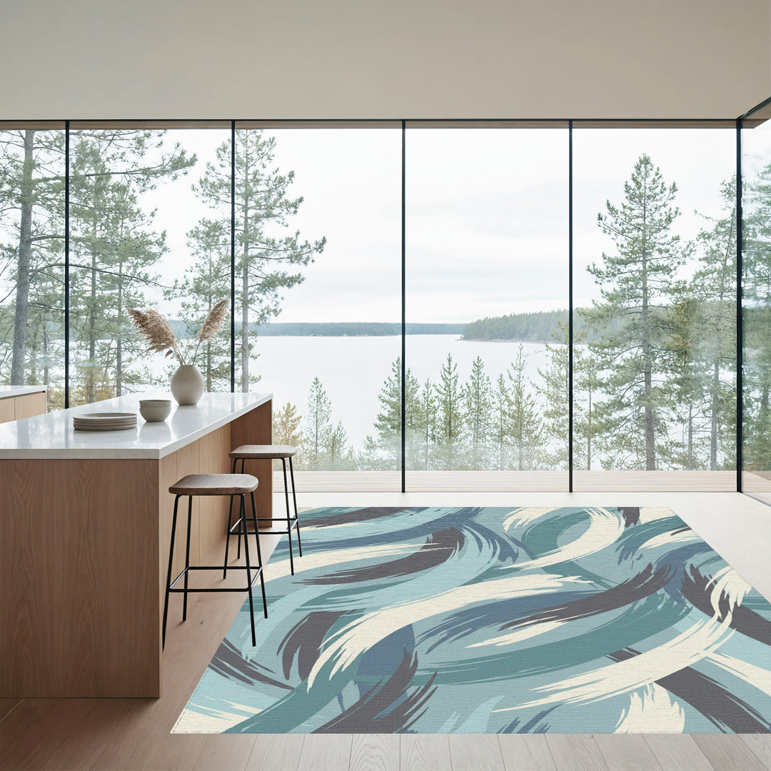 Coastal Blue Abstract Brushstroke Swirls Rug