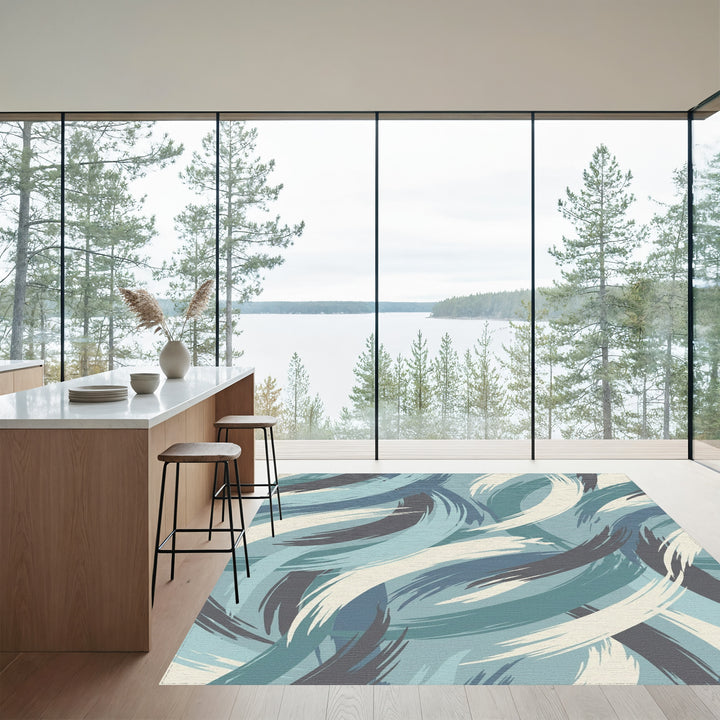 Coastal Blue Abstract Brushstroke Swirls Rug