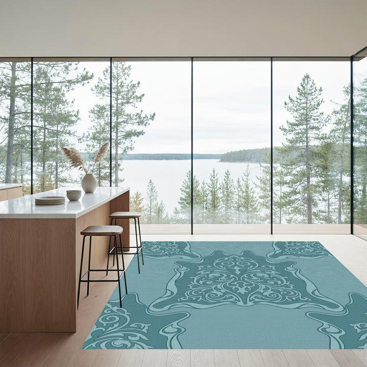 Teal Ornate Scrollwork Damask Medallion Rug