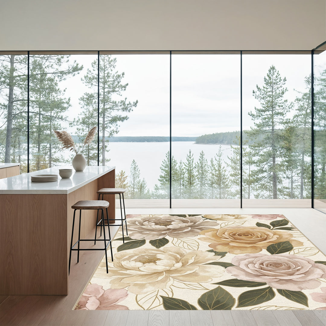 Creamy Taupe Lush Floral Garden Rug
