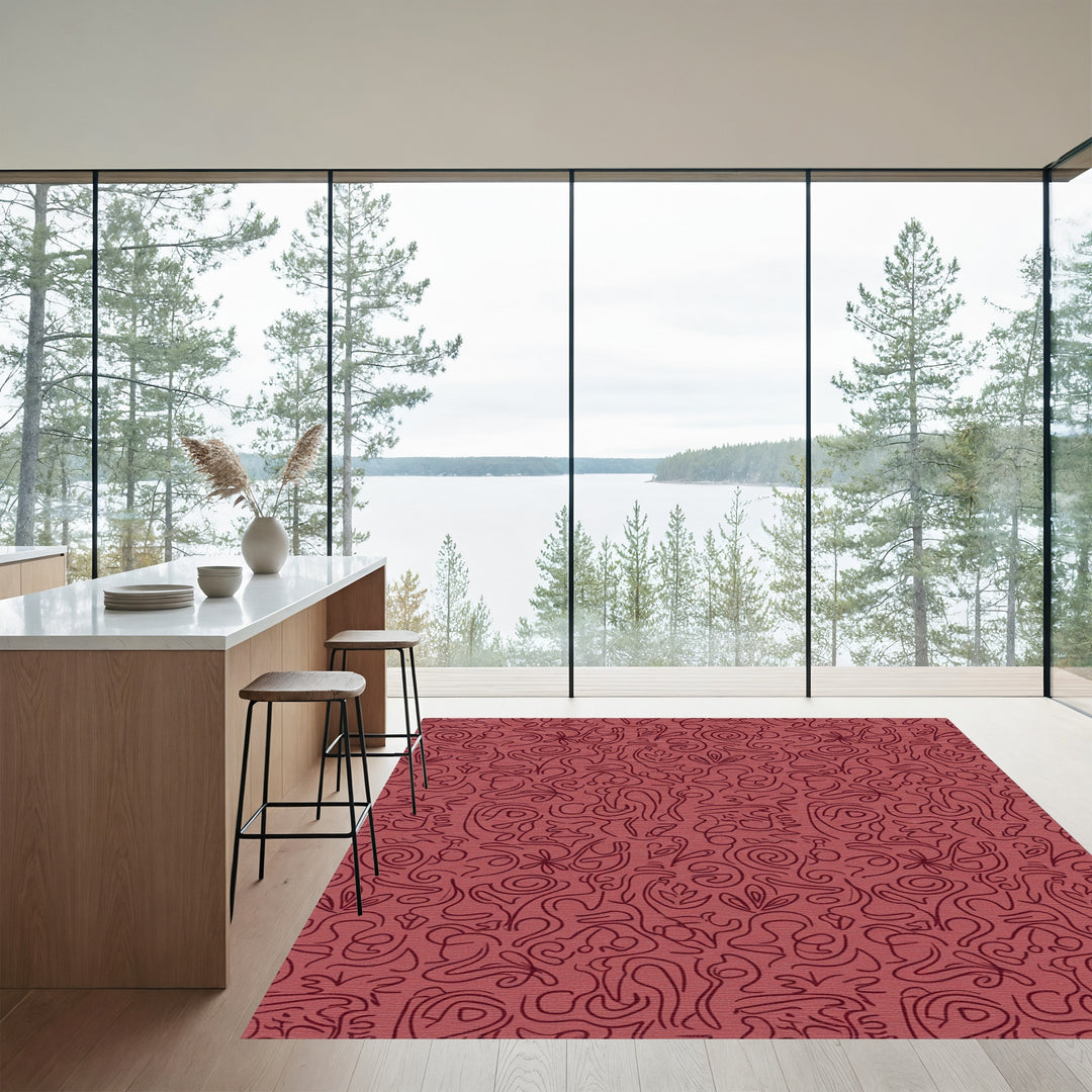 Muted Red Abstract Figure Line Weave Rug