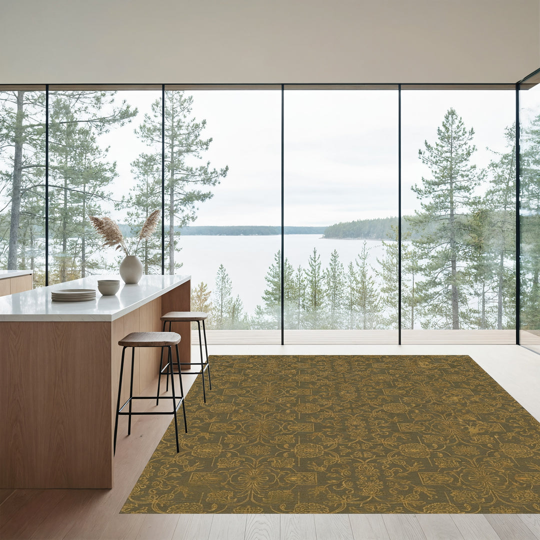 Distressed Gold Floral Damask Accents Rug