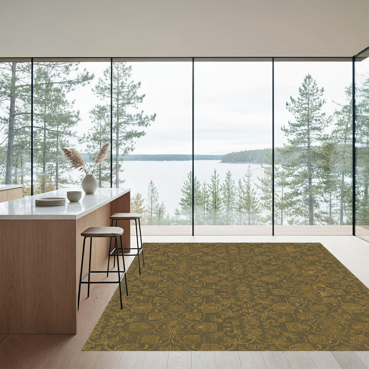 Distressed Gold Floral Damask Accents Rug