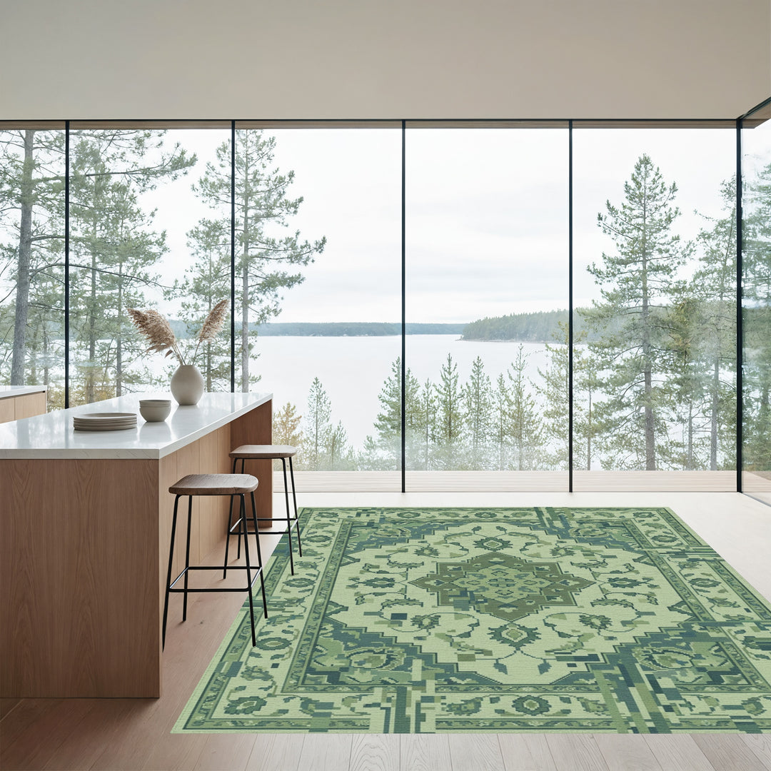 Muted Green Pixelated Floral Medallion Rug