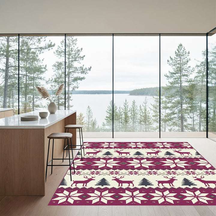 Rustic Cranberry Reindeer Forest Stars Rug