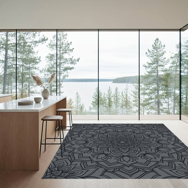 Charcoal Gray Lotus Mandala Rug