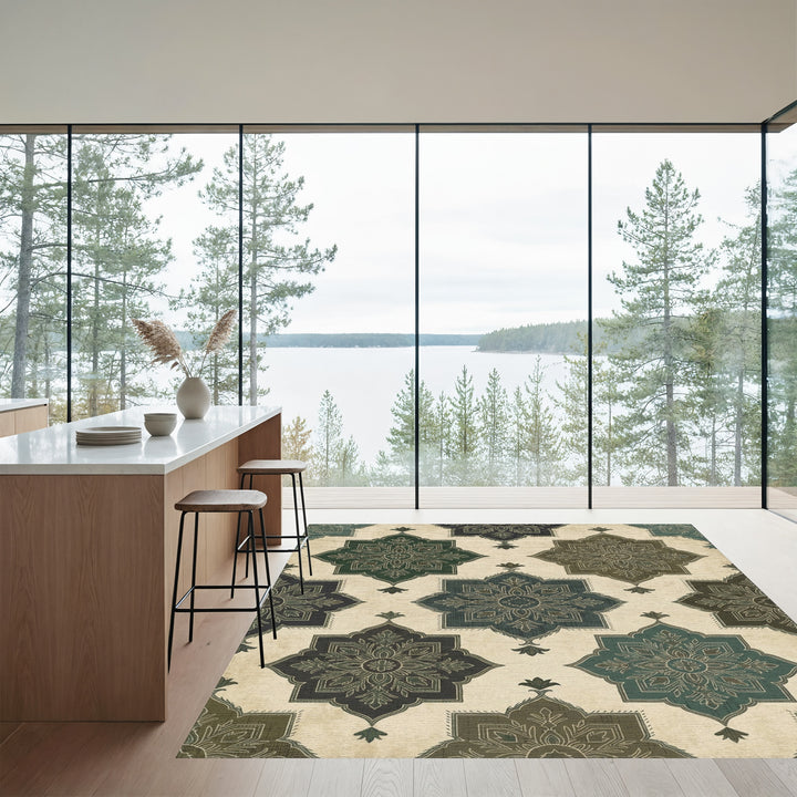 Earthy Green Slate Medallion Texture Rug