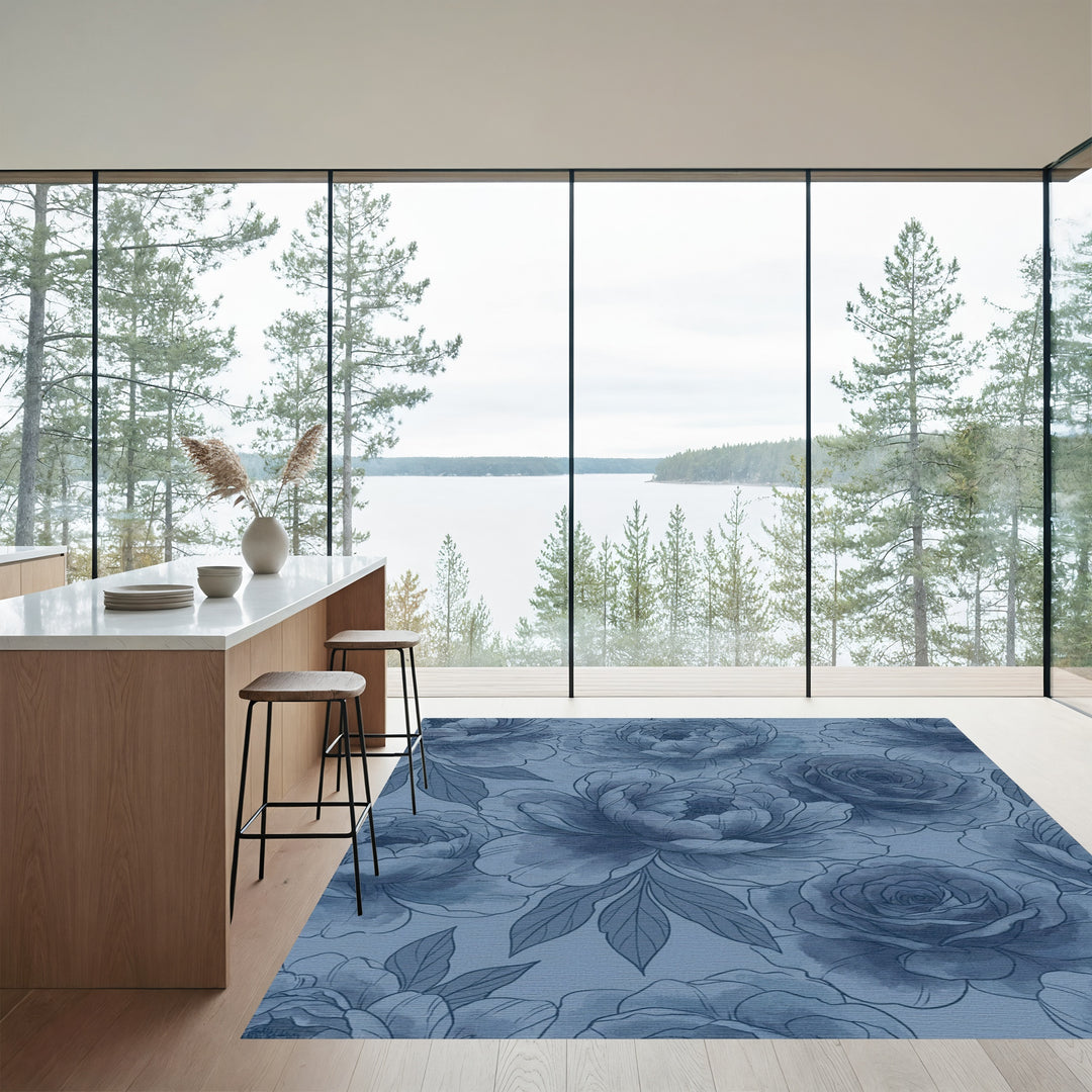 Monochromatic Blue Floral Garden Rug