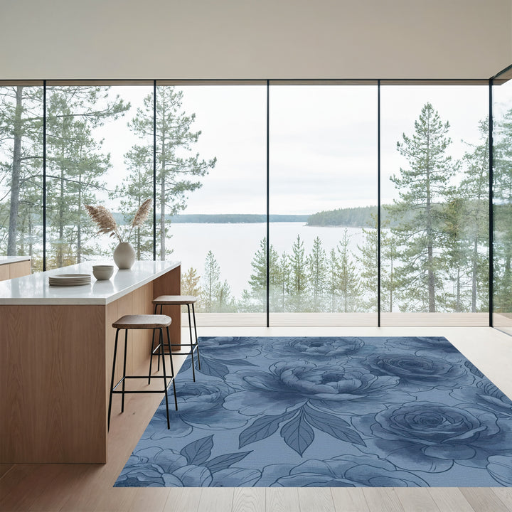 Monochromatic Blue Floral Garden Rug