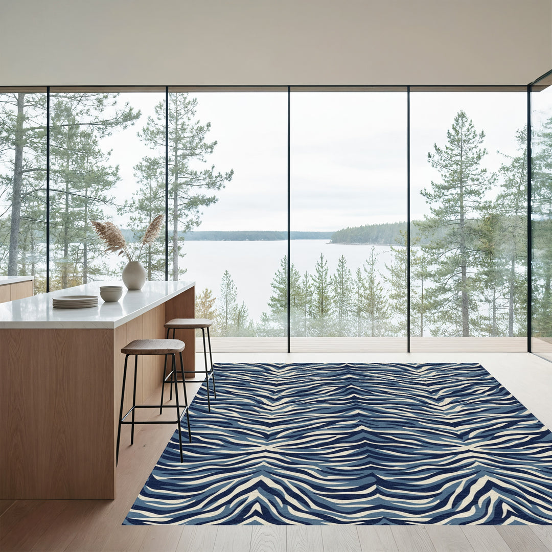 Deep Blue And Cream Zebra Stripes Rug