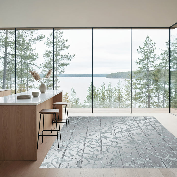 Distressed Silver Floral Vine Wood Grain Rug