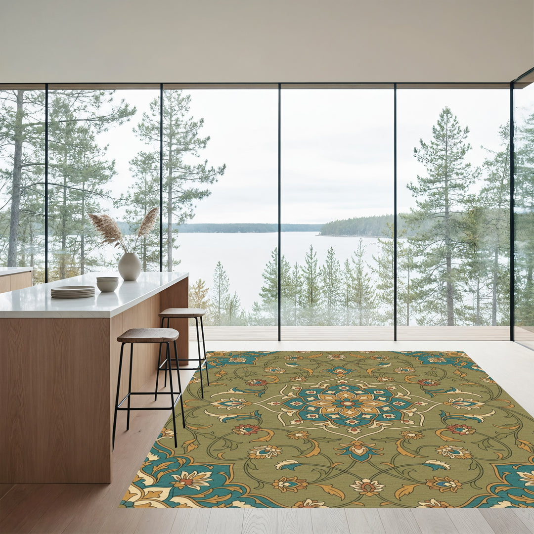 Khaki Floral Medallion In Teal Gold Rug