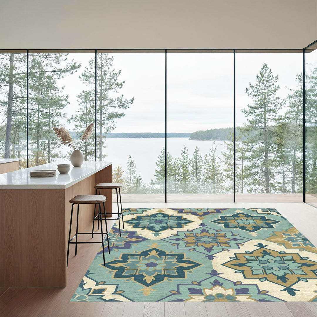 Teal Blue Gold Floral Lattice Rug