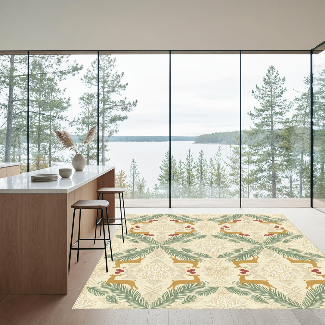 Golden Reindeer Pine Berry Snowflakes Rug