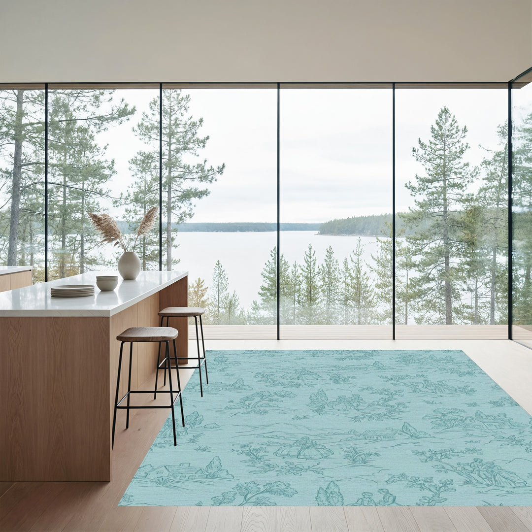 Aqua Rural Countryside Village Scenes Rug