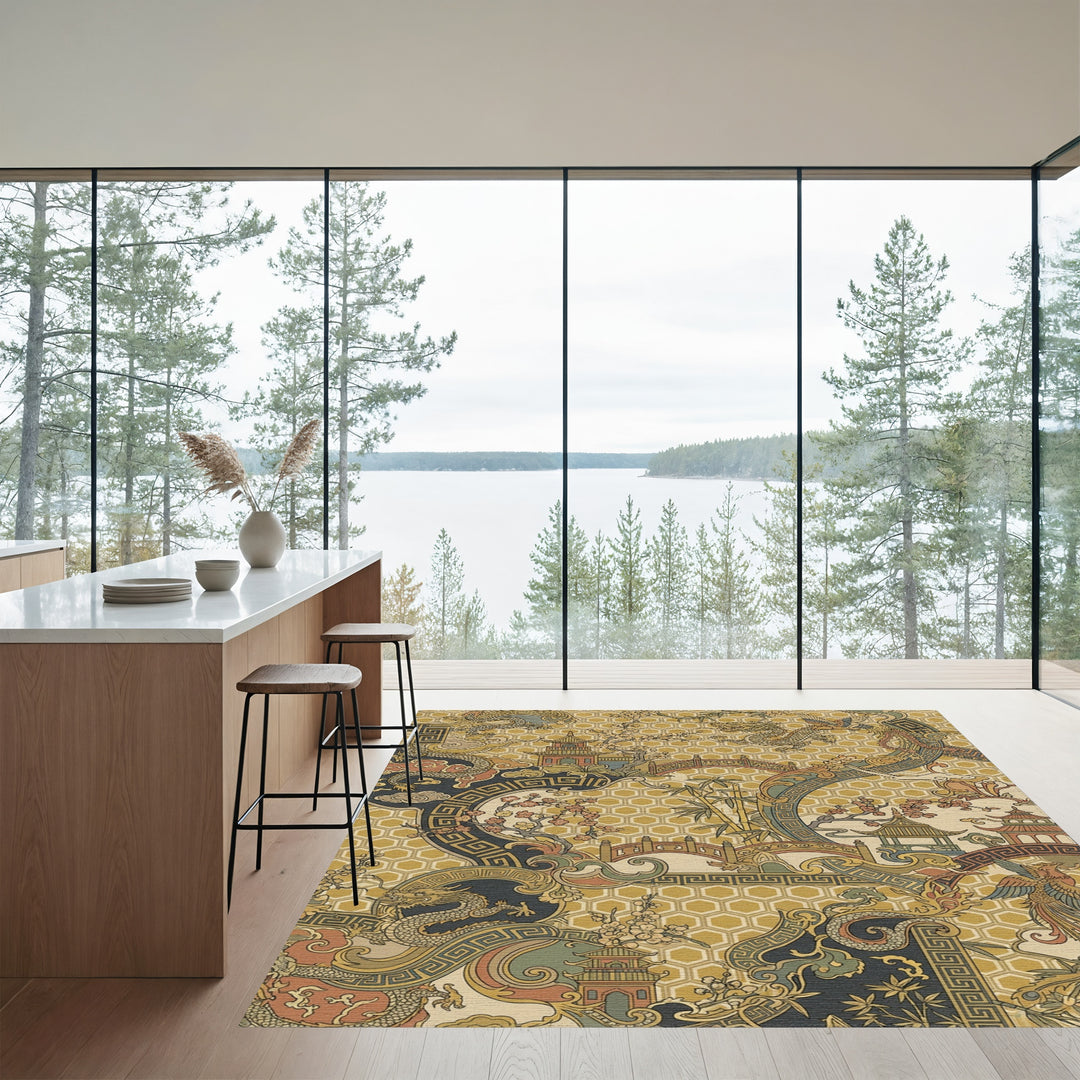 Golden Dragon Phoenix Pagoda Landscape Rug