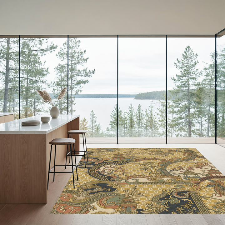 Golden Dragon Phoenix Pagoda Landscape Rug