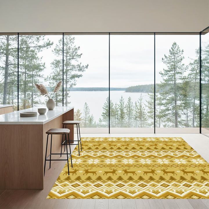 Golden Reindeer Nordic Snowflake Stripes Rug