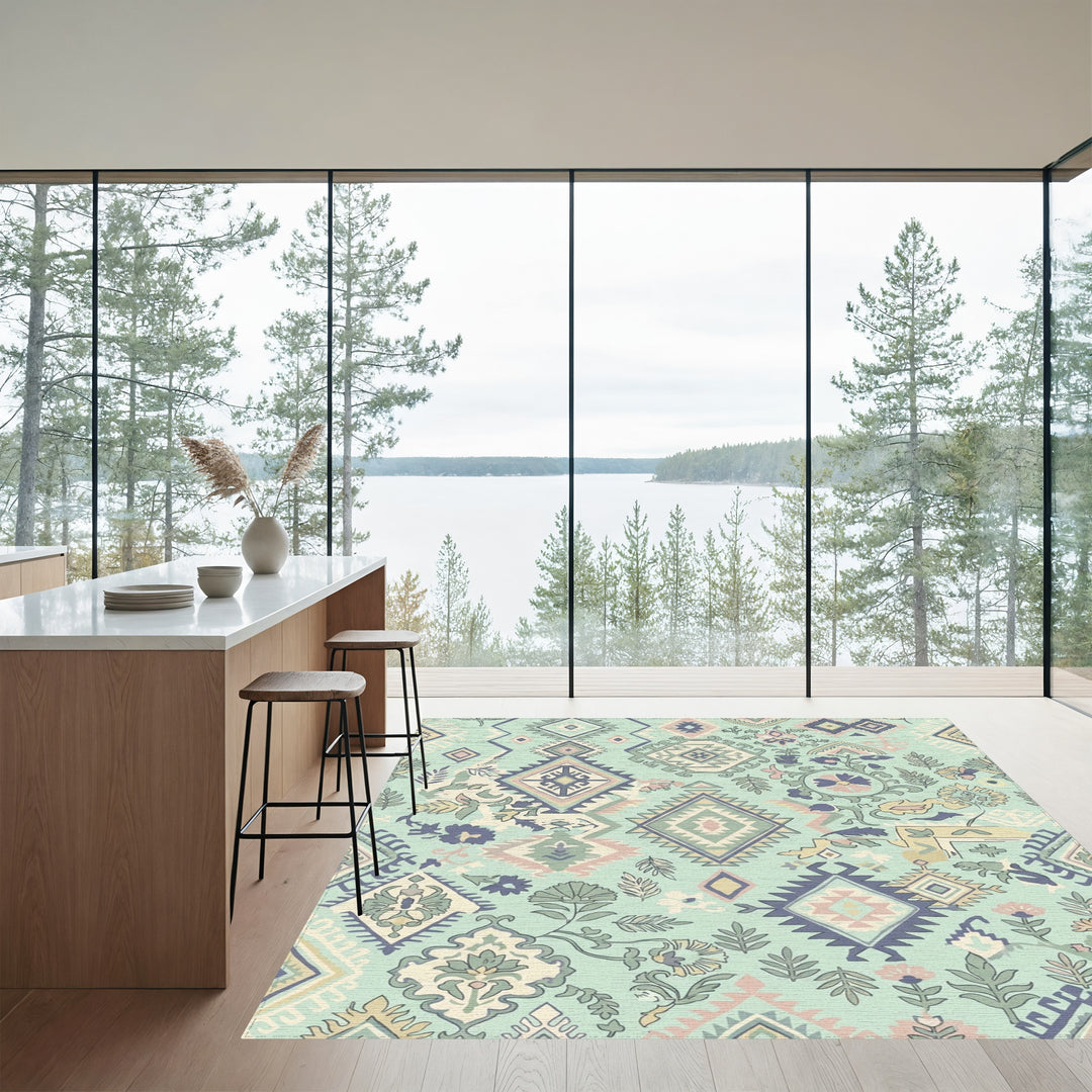 Pale Teal Tribal Diamond Floral Rug