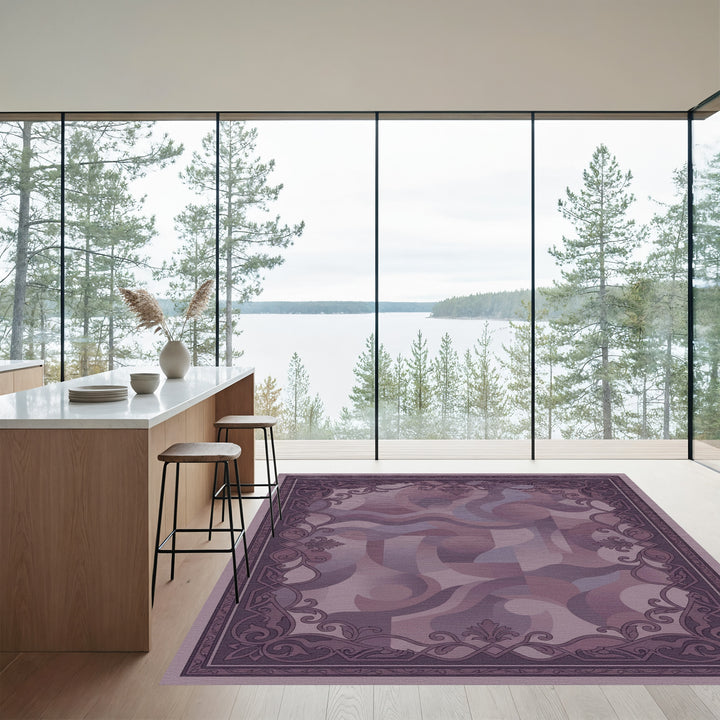 Mauve Abstract Swirl Medallion Frame Rug