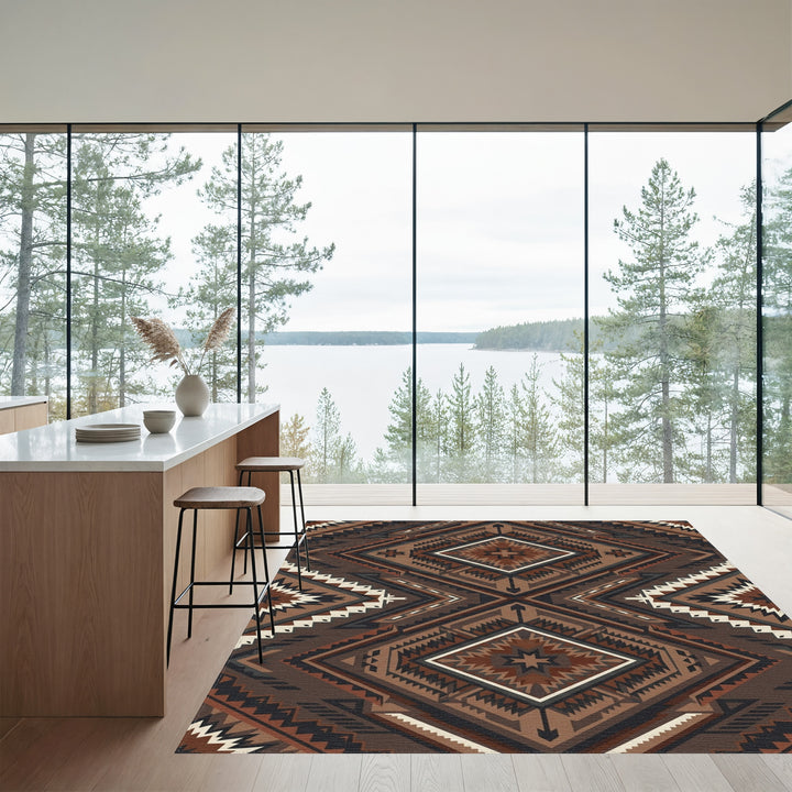 Earthy Brown Geometric Diamond Medallion Rug