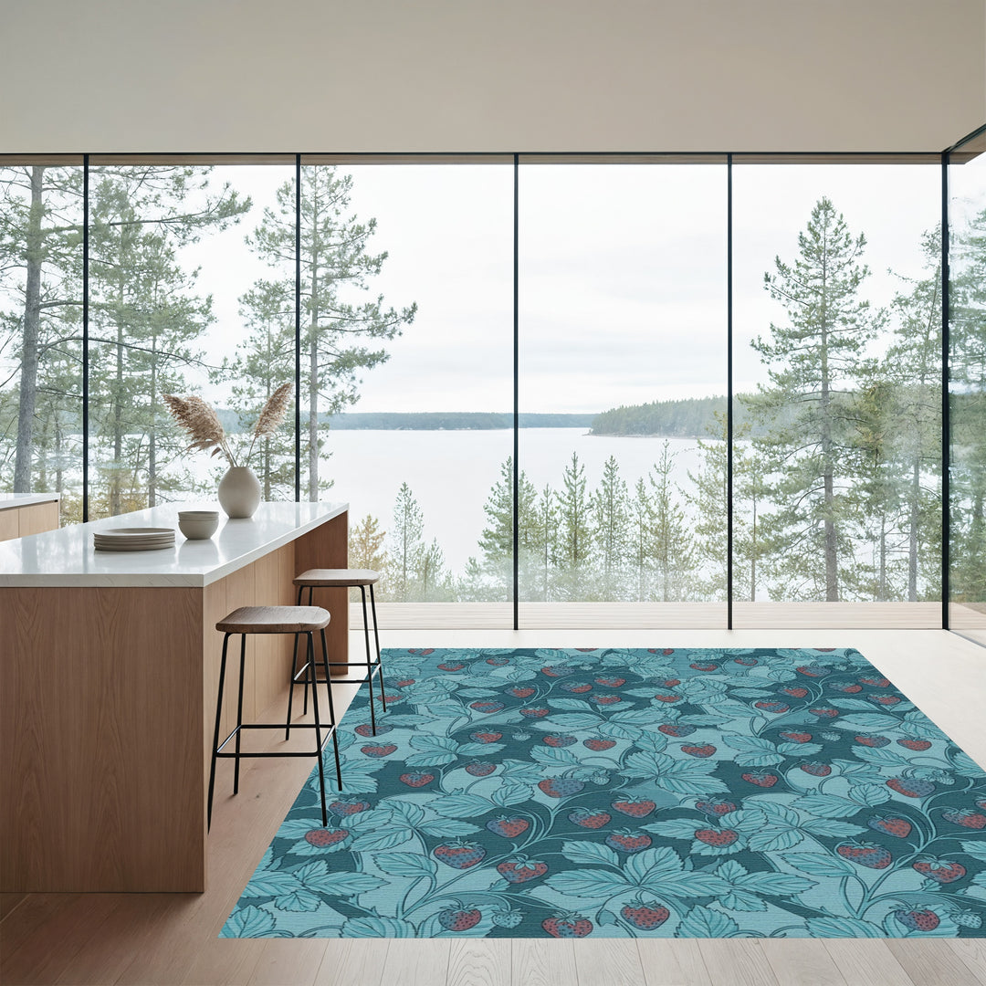 Teal Strawberry Vine Botanical Medallion Rug