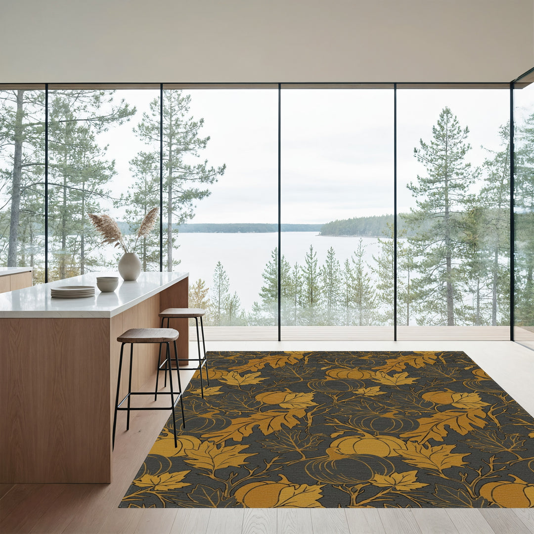Golden Pumpkin Leaf Autumn Overlay Rug