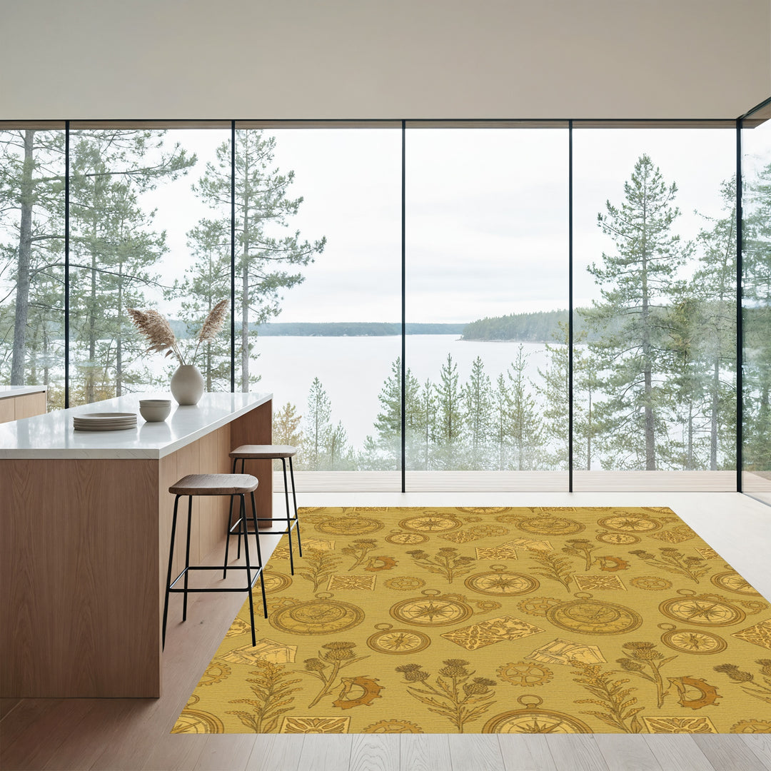 Golden Steampunk Compass Thistle Gears Rug