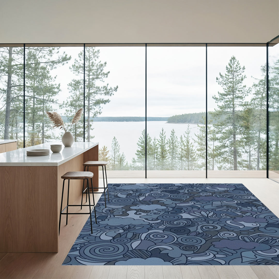 Moody Blue Abstract Swirl Clouds Rug