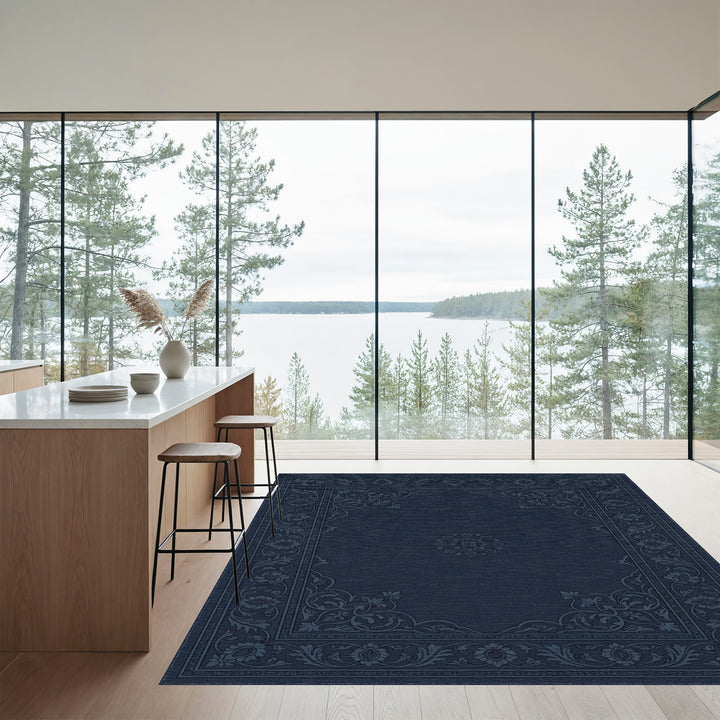 Deep Indigo Floral Garden Medallion Rug