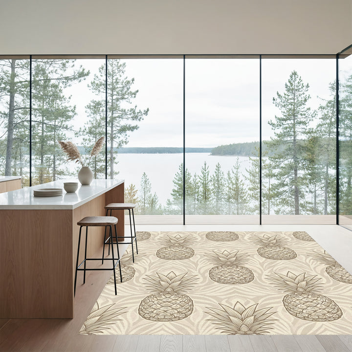 Earthy Tan Pineapple Botanical Scroll Rug