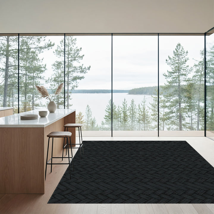 Textured Dark Charcoal Herringbone Weave Rug
