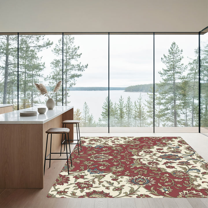 Rich Red Floral Garden Serpentine Rug