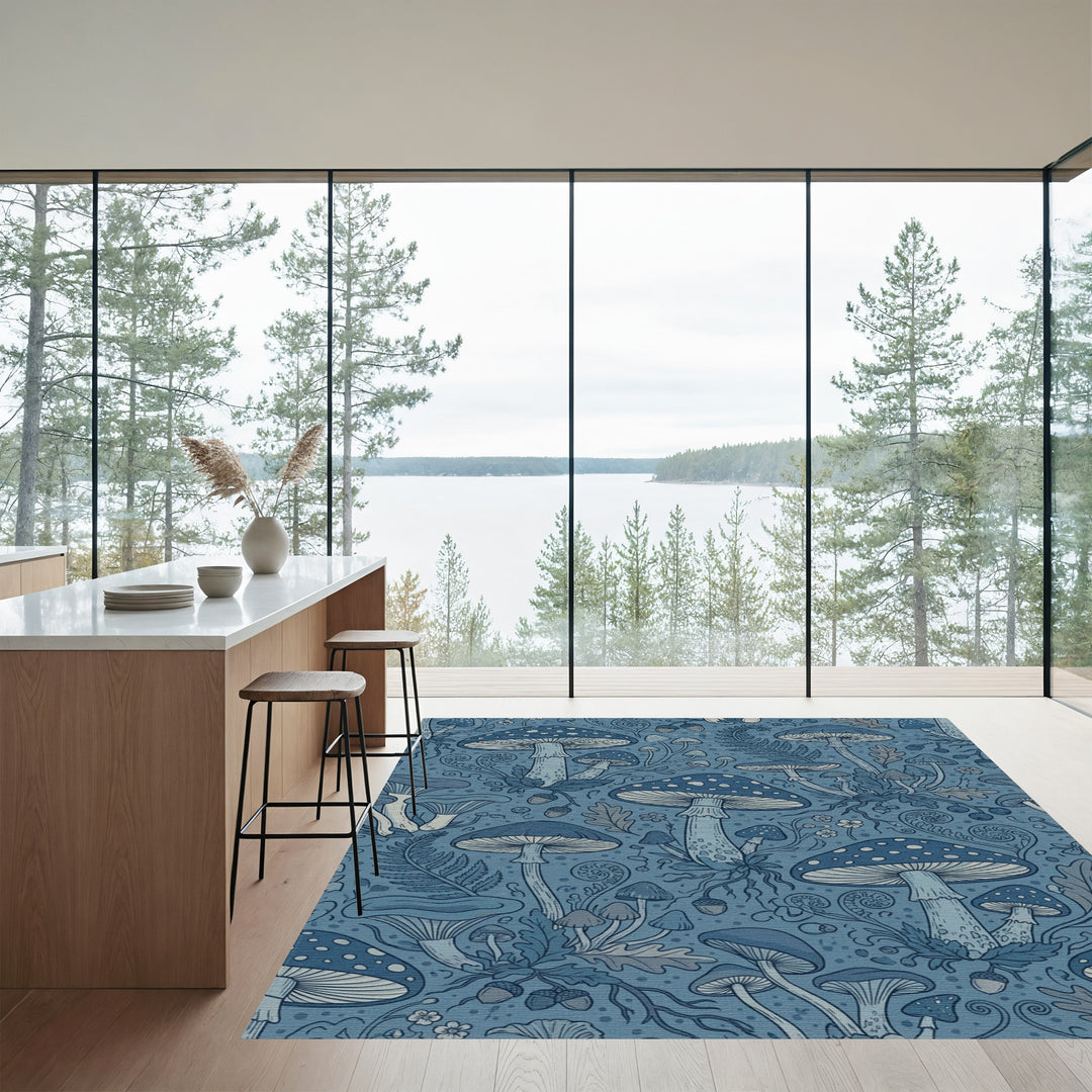 Dark Blue Forest Mushroom Meadow Rug