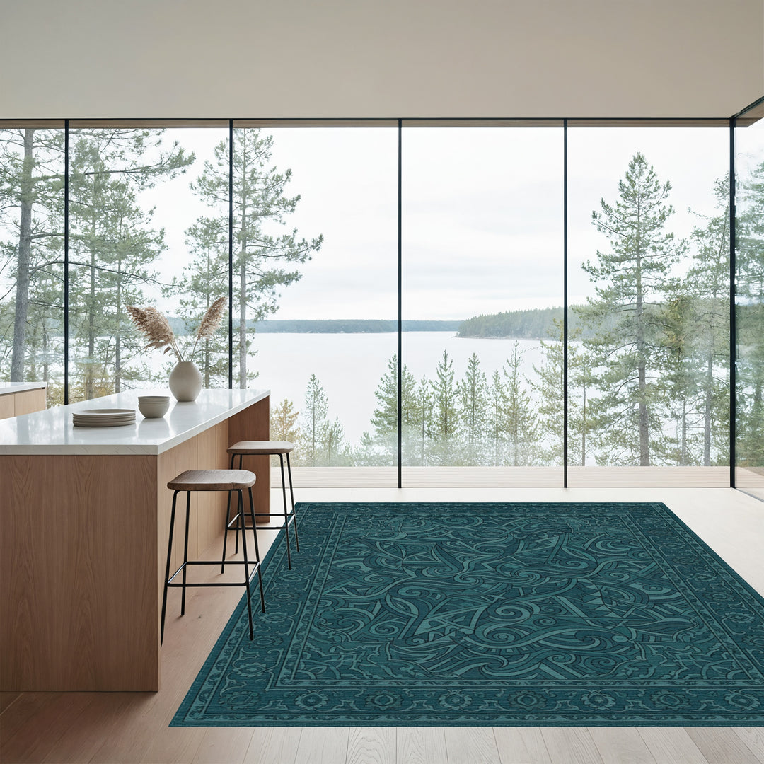 Teal Intertwined Organic Geometric Tapestry Rug