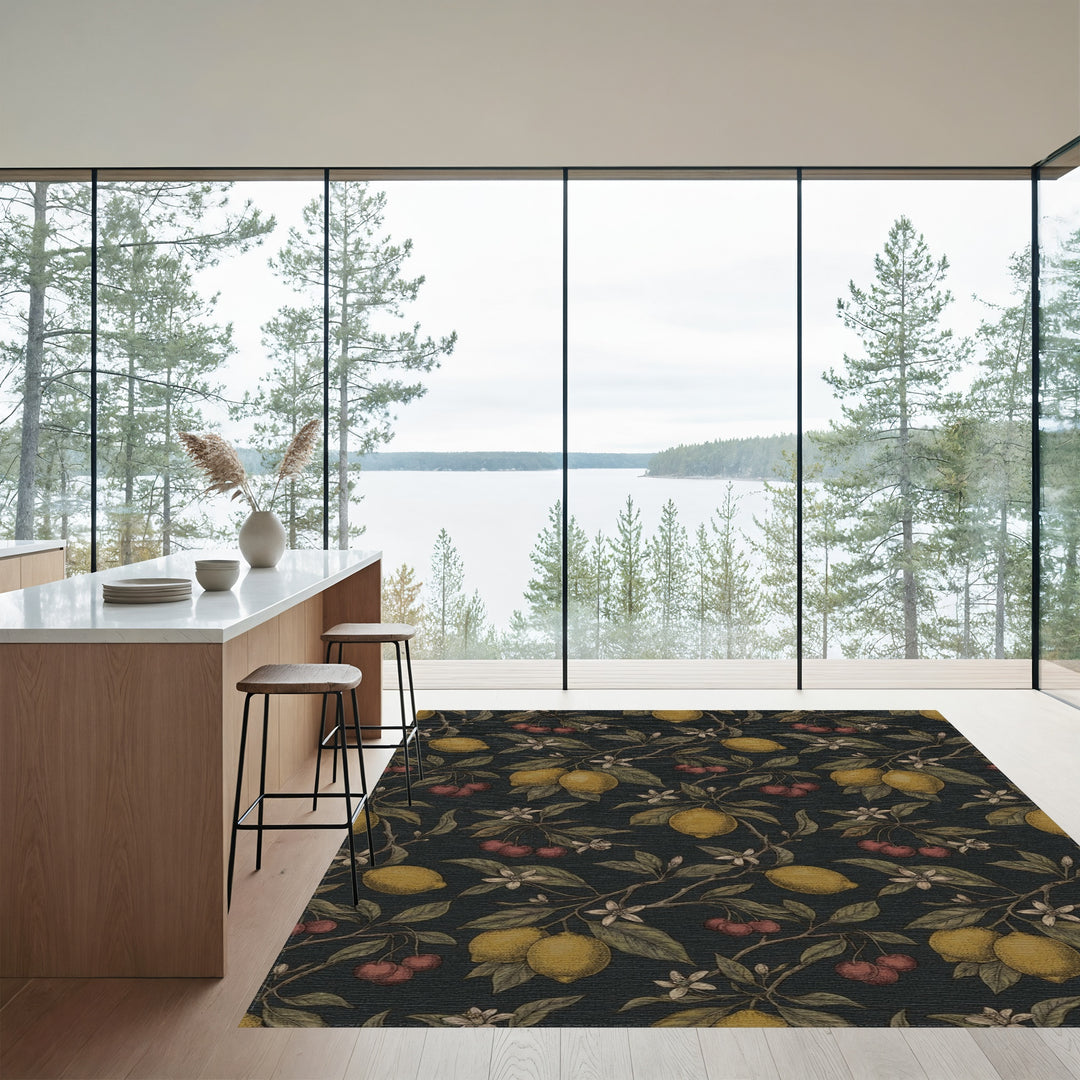 Orchard Lemons Cherries Botanical Dark Rug