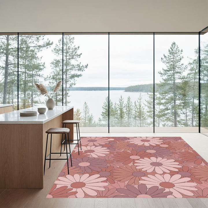 Retro Floral Blooms In Dusty Rose Rug