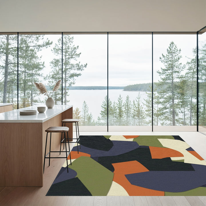 Abstract Ochre Olive Geometric Layered Rug