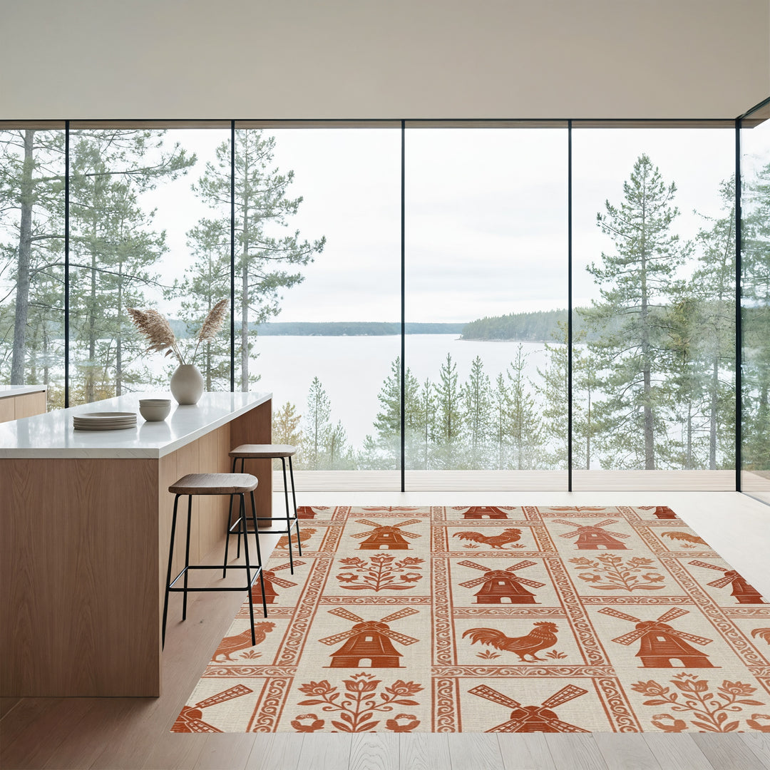 Rustic Terra Cotta Windmills and Roosters Rug